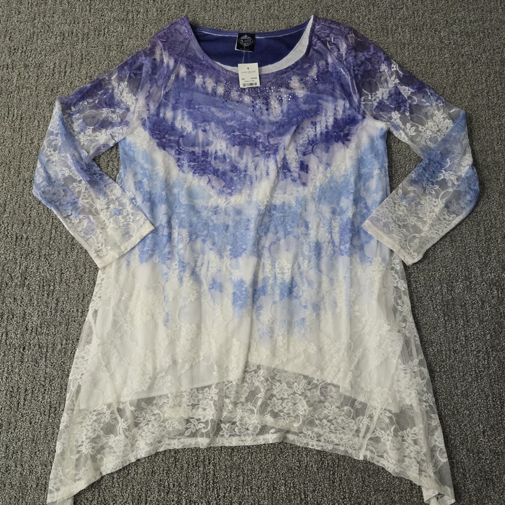 Cal Style Lace Tunic‎ Top Large Floral Watercolor Boho Romantic Asymmetrical Hem